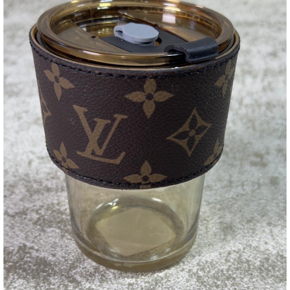Glass Cup Sleeve Insert LV And Gold Leather Inside Hand Made Cross Stitch Coffee